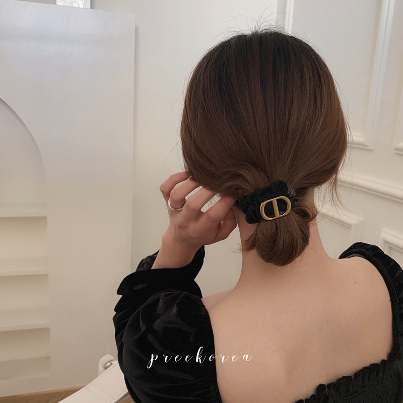 Dây Buộc Tóc Vải Co Giãn Đính Nút Kim Loại In Chữ Phong Cách Retro Hiện Đại