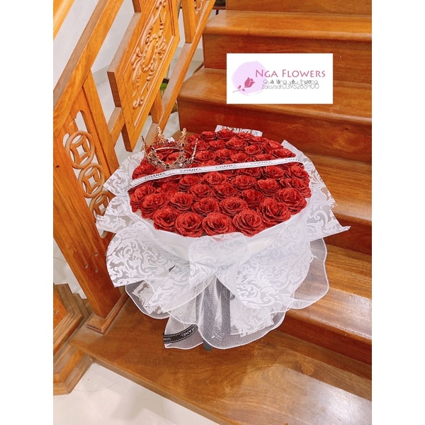 [Quà Tặng] Bó Hoa Nhũ 50 Bông Kèm Vương Miện,Đèn