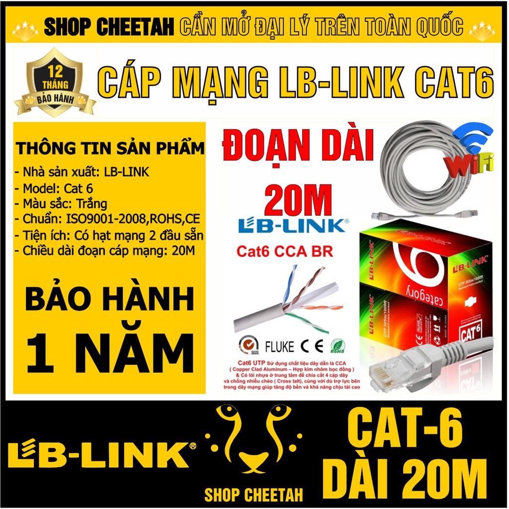 Đoạn dài 20m - Dây cáp mạng Lb-Link Cat6 – Bấm sẵn 2 đầu – Cắt từ cuộn tiêu chuẩn – Chính hãng LB-LI