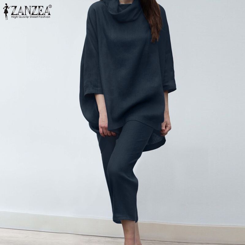 Bộ đồ ZANZEA gồm áo cổ lọ tay 3/4 dáng rộng phối túi màu trơn thời trang dành cho nữ