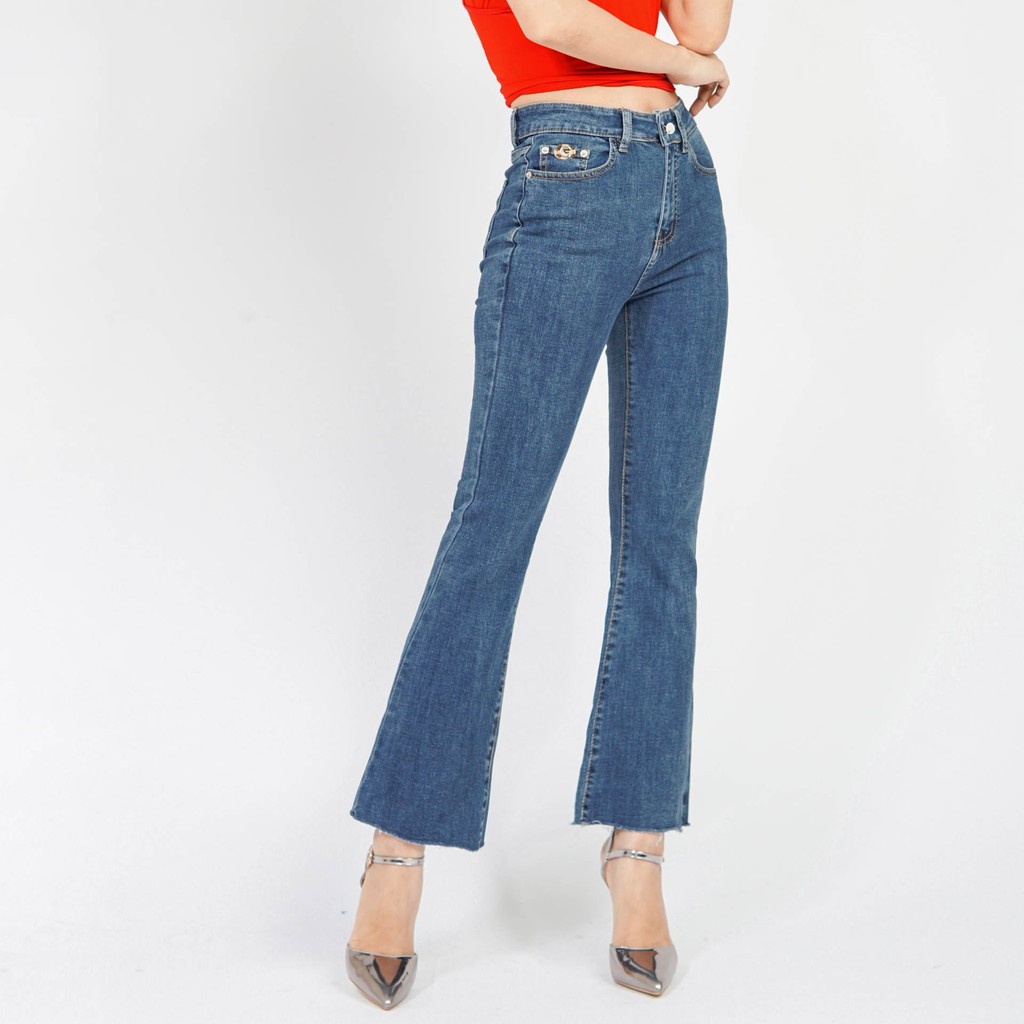 Quần jean nữ lưng cao jean ống loe - xanh đậm | BigBuy360 - bigbuy360.vn