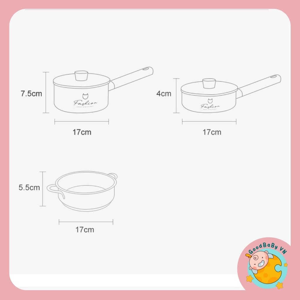Bộ nồi chảo ăn dặm ,nấu cháo,quấy bột kèm xửng hấp cho bé FASHION chống dính cao cấp Goodbabyvn