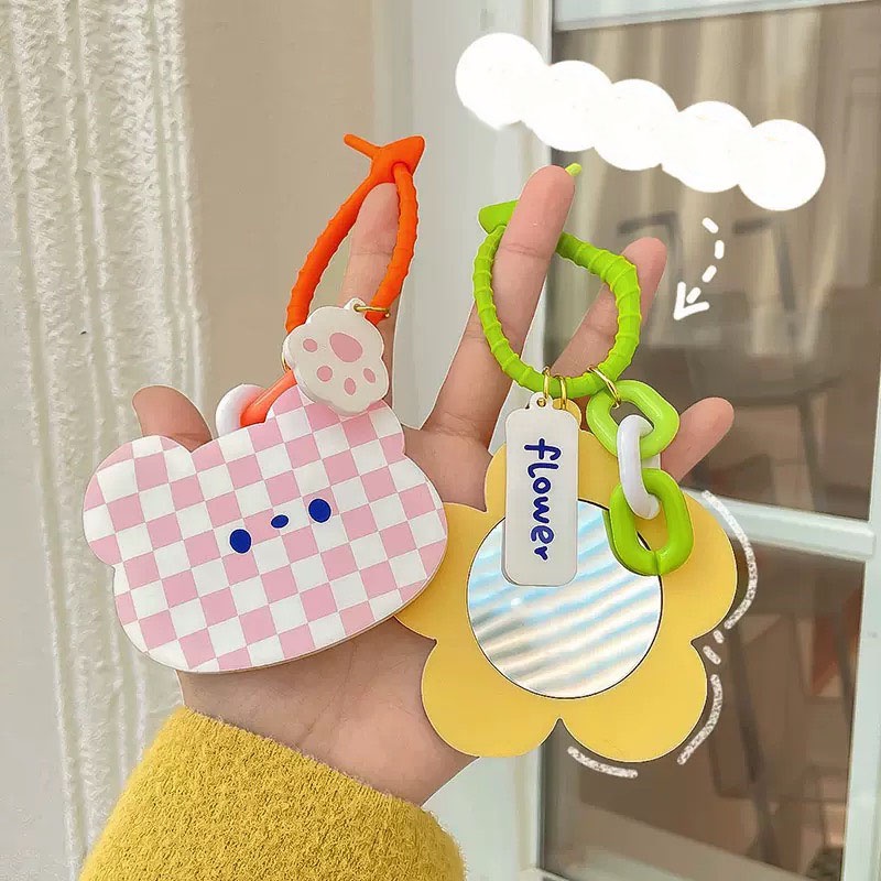 Móc Khóa hoạt hình dễ thương kèm gương trang điểm gấu ngoài hành tinh chìa khóa xe phụ kiện