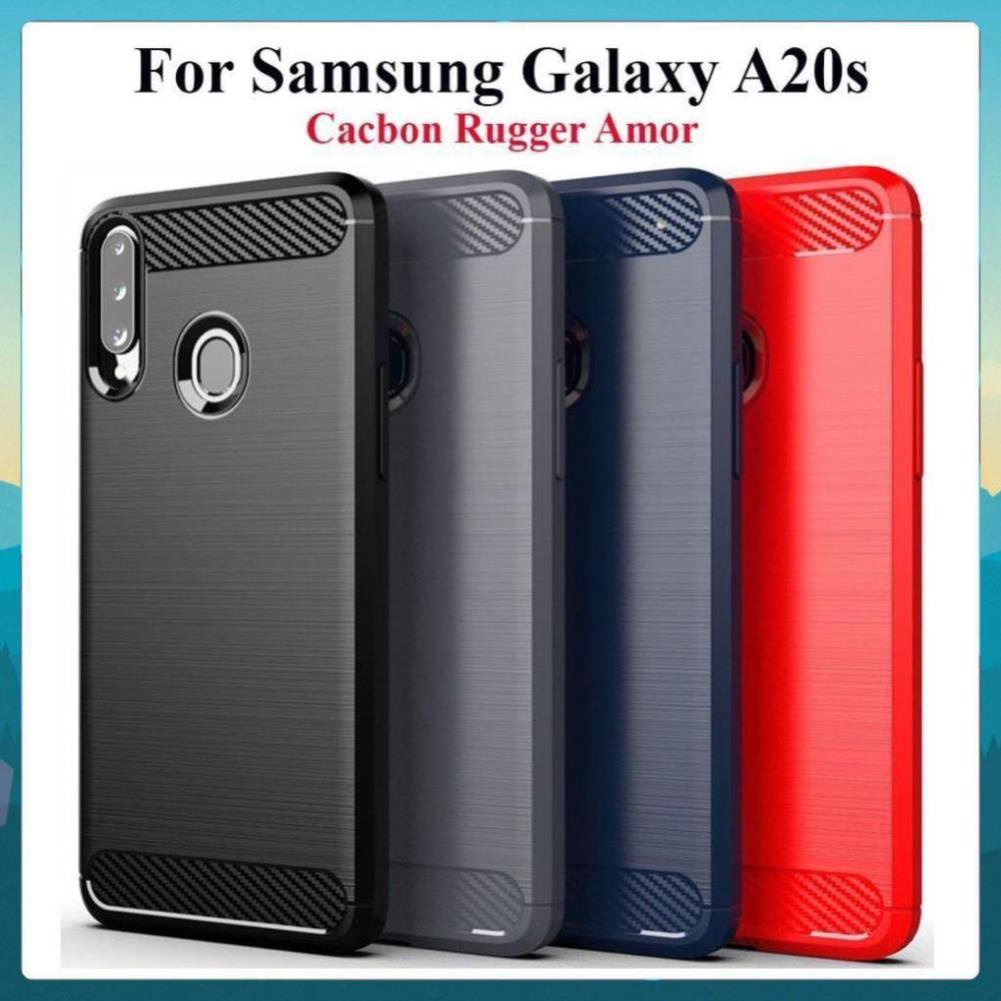 Ốp lưng dẻo Samsung Galaxy A20s vân sợi cacbon chống sốc, chống vân tay Rugger Amor