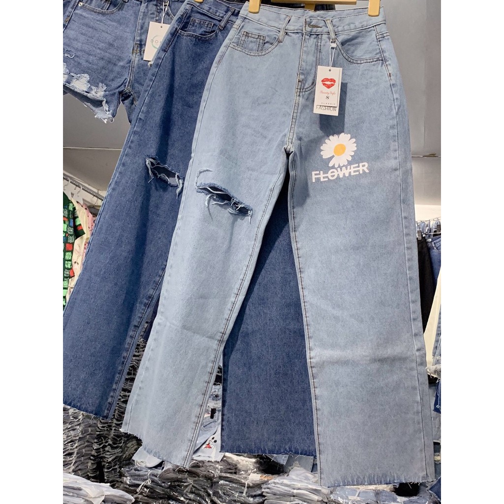[FREESHIP_50K] Quần jean baggy nữ ống rộng in hình hoa Cúc cá tính AnNgo - AT30