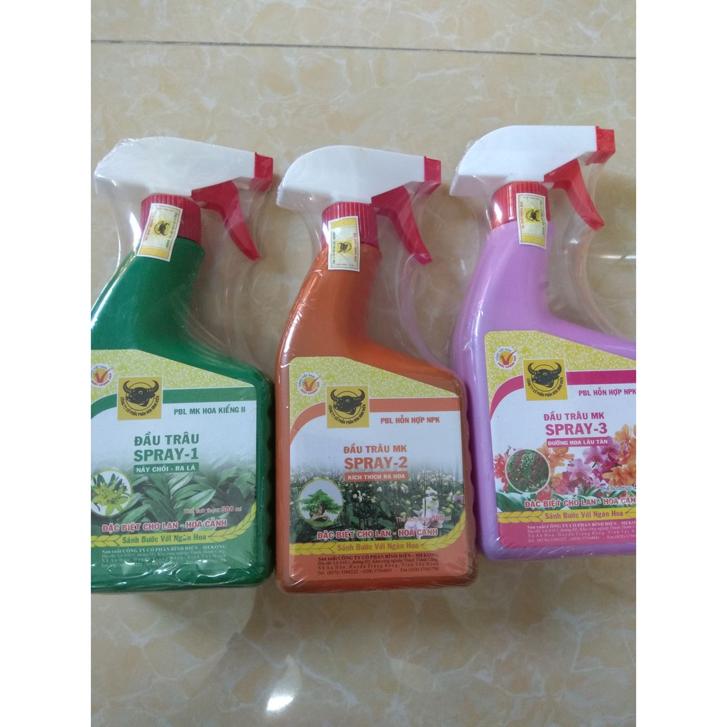 Combo 3 loại đầu trâu spray 1 nảy chồi ra lá, spray 2 kích thích ra hoa, spray 3 dưỡng hoa lâu tàn - 500 ml/chai