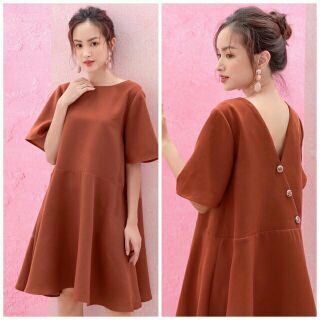 Đầm cam đất dáng xòe kết nút lưng, đầm xòe nút lưng màu cam đất, đầm nữ dáng xòe, đầm đi tiệc sang chảnh
