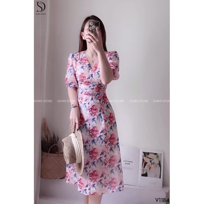 [Mã WASTMAY giảm 15% tối đa 30K đơn 150K] BÁN SỈ VÁY HOA HỒNG CỔ V LY EO CHO NỮ