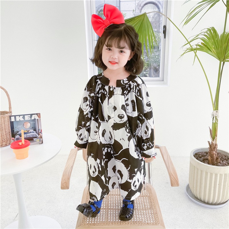 Váy đầm vải cotton in hình gấu trúc xẻ tà thời trang cho bé gái - Hàng Quảng Châu Cao Cấp
