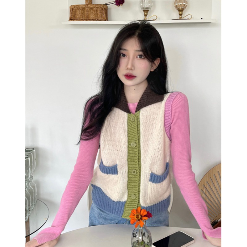 Bộ Áo Sơ Mi Màu Sắc Tương Phản + Áo Khoác Dệt Kim Xẻ Tà Dáng Ôm Dễ Phối Đồ Thời Trang Phong Cách Hàn Quốc Cho Nữ