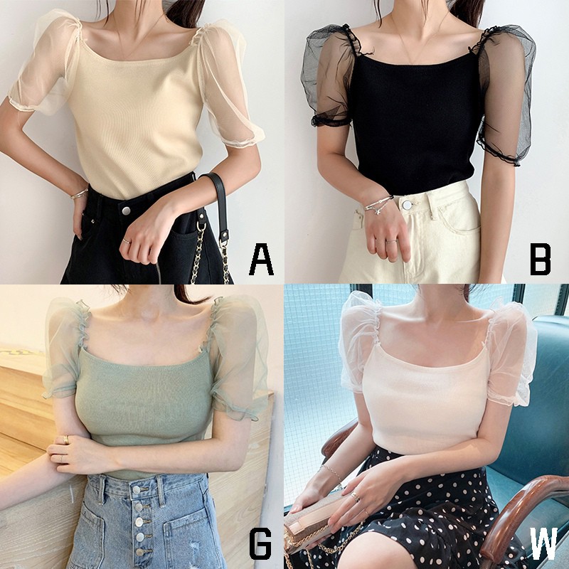 Áo Thun Nữ Tay Ngắn Phối Lưới Màu Trơn