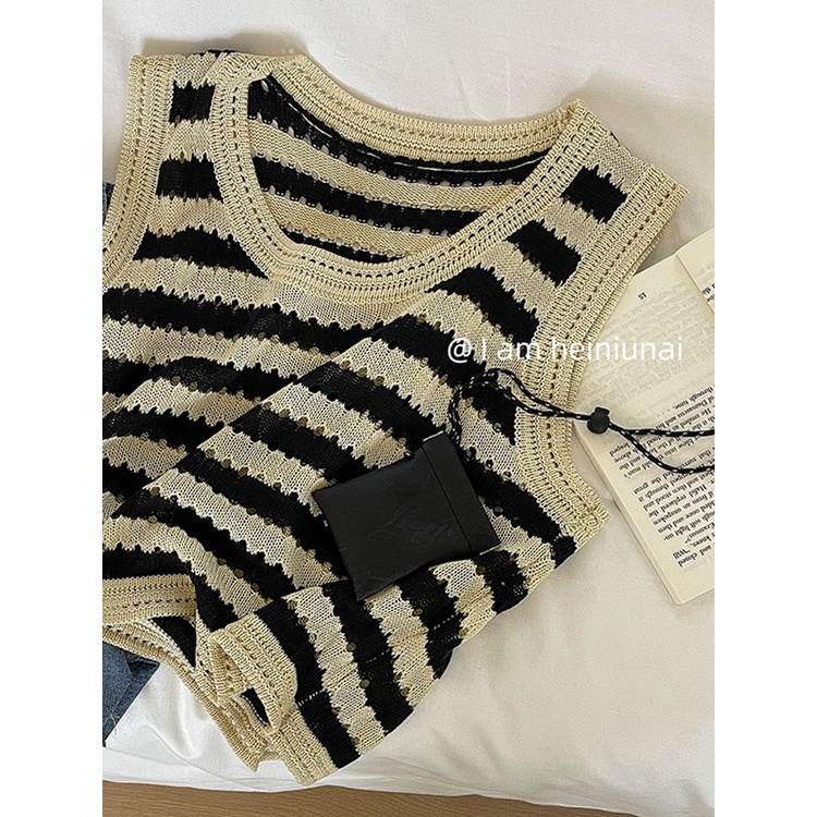 NUZIRO  Áo croptop  dệt kim không tay họa tiết kẻ sọc thời trang dành cho nữ