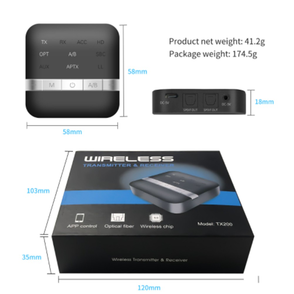 Bộ thu phát bluetooth 5.0 TX200 hỗ trợ âm thanh hifi, cổng quang, aux 3.5mm hỗ trợ aptx HD
