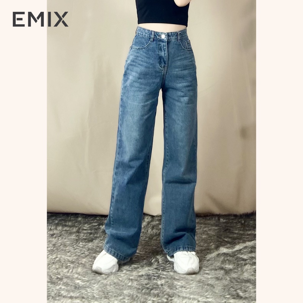 Quần jean nữ trơn cơ bản EMIX (màu xanh), dáng suông, dài 100cm, cạp cao tôn dáng, chất đẹp không bai màu 9002