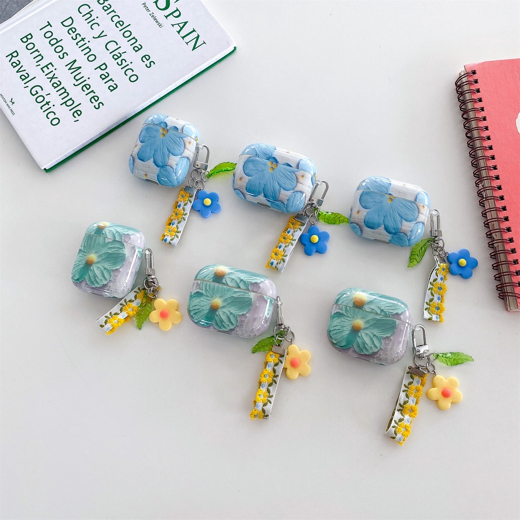 Vỏ Bảo Vệ Hộp Sạc Tai Nghe Bluetooth Không Dây AirPods 1 2 pro 3 2021 gen3 Hình Hoa Màu Xanh Lá Sáng Bóng