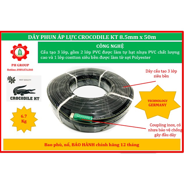 Dây phun áp lực dùng cho máy bơm xịt rửa cao áp hiệu CROCODILE KT 8.5mm x 50m| GERMANY | Bảo hành 12 tháng | Dây hơi