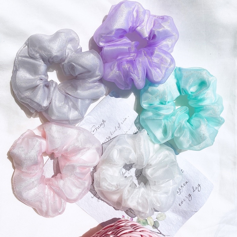 Scrunchies cột tóc voan kính hai lớp óng ánh phong cách Hàn quốc