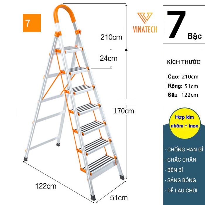 Thang gấp 7 Bậc thông minh Ameca, tải trọng 150Kg siêu bền, Thang inox 304