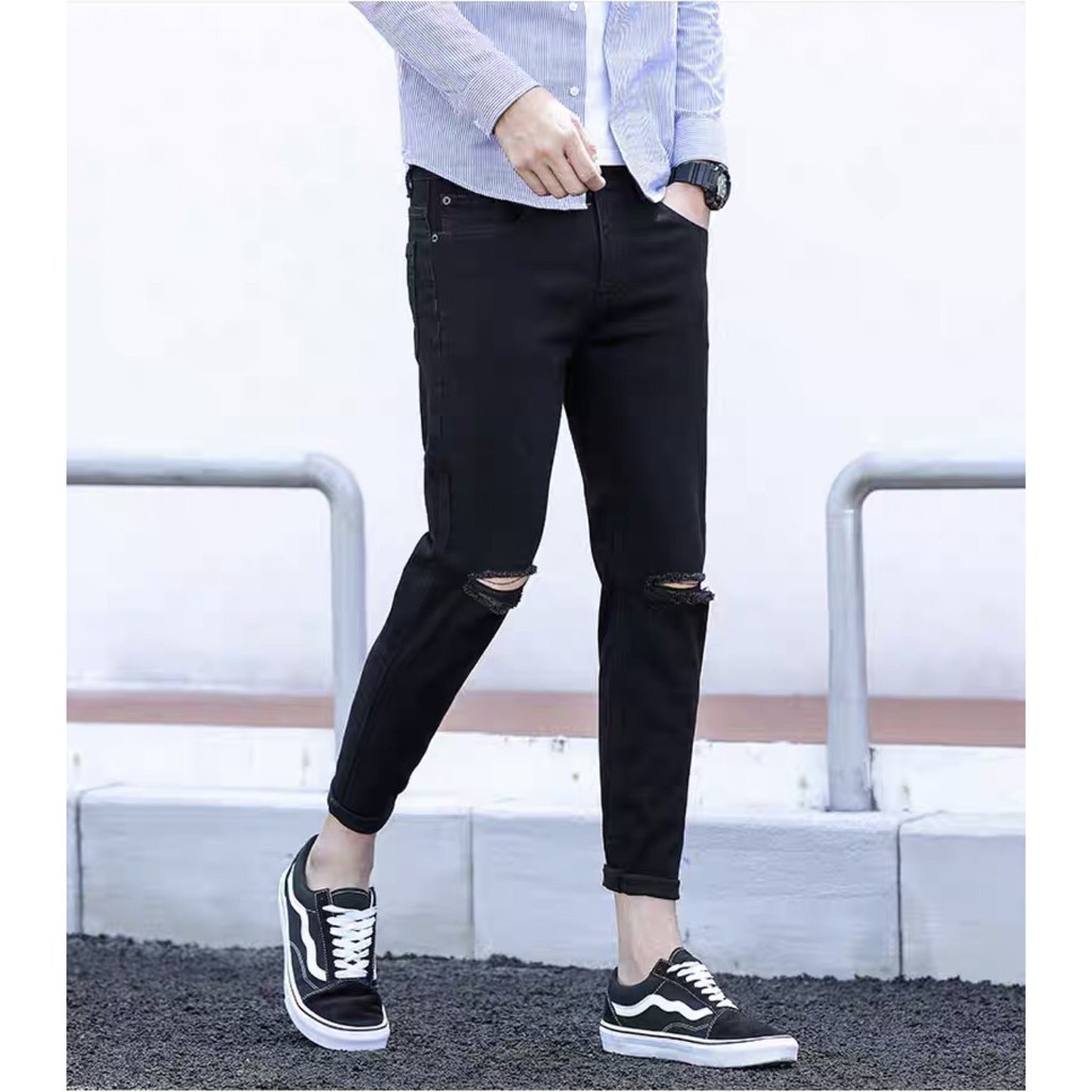 Quần jean nam đen rách gối ống đứng dáng slim Fit co giãn 4 chiều | BigBuy360 - bigbuy360.vn