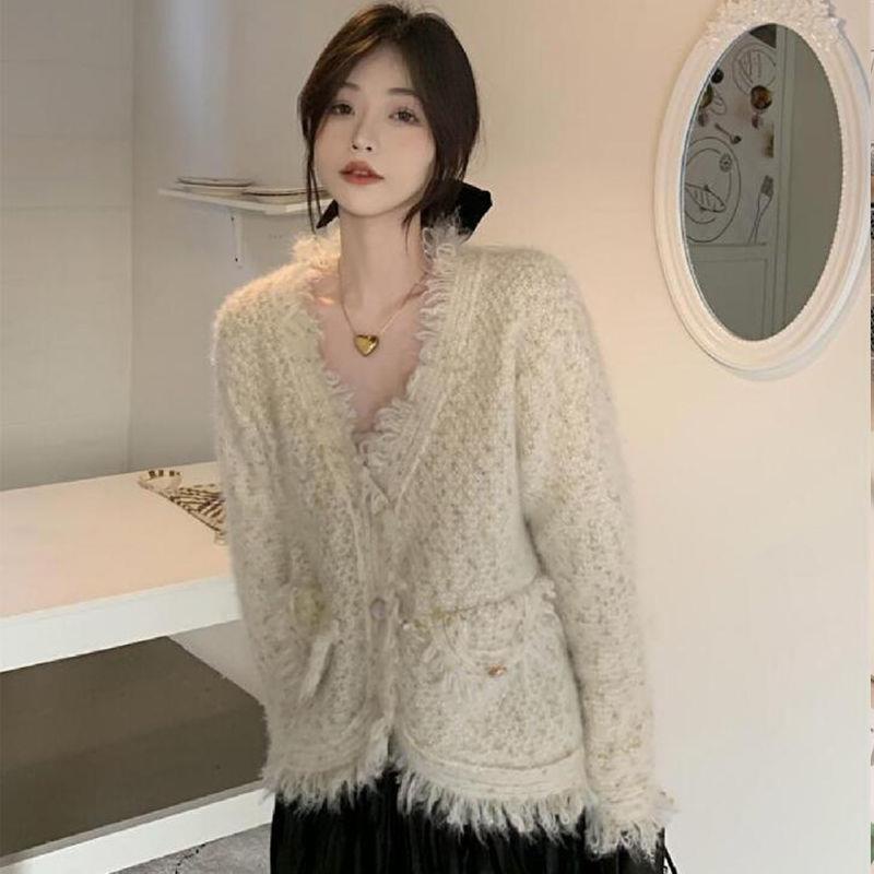 Áo khoác cardigan dệt kim phối tua rua thời trang xuân thu 2022 sang trọng cho nữ