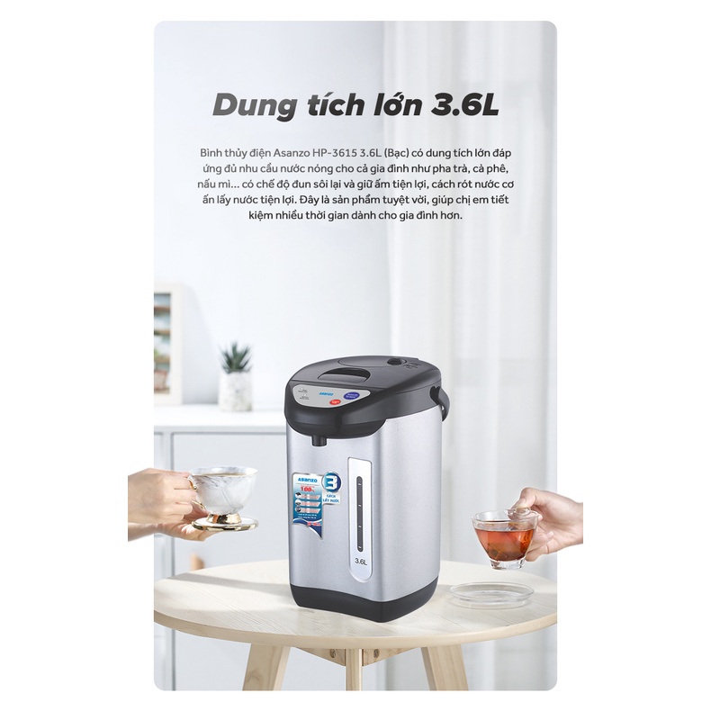 Bình thủy điện thông minh Asanzo HP-3615 (3.6 lít) - HÀNG CHÍNH HÃNG