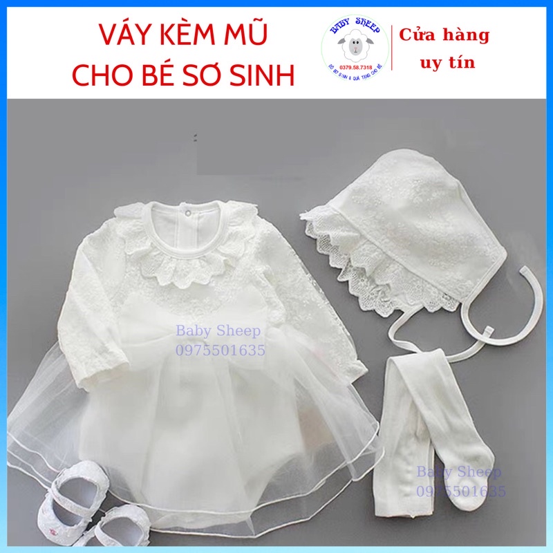 Váy body ren nơ to giữa kèm mũ tiểu thư cho bé diện đầy tháng thôi nôi cao cấp