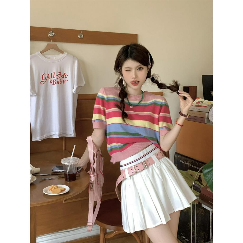 ZHELIHANGFEI Áo Sweater Tay Ngắn Dáng Rộng Lưng Cao Họa Tiết Kẻ Sọc Nhiều Màu Sắc Dễ Thương