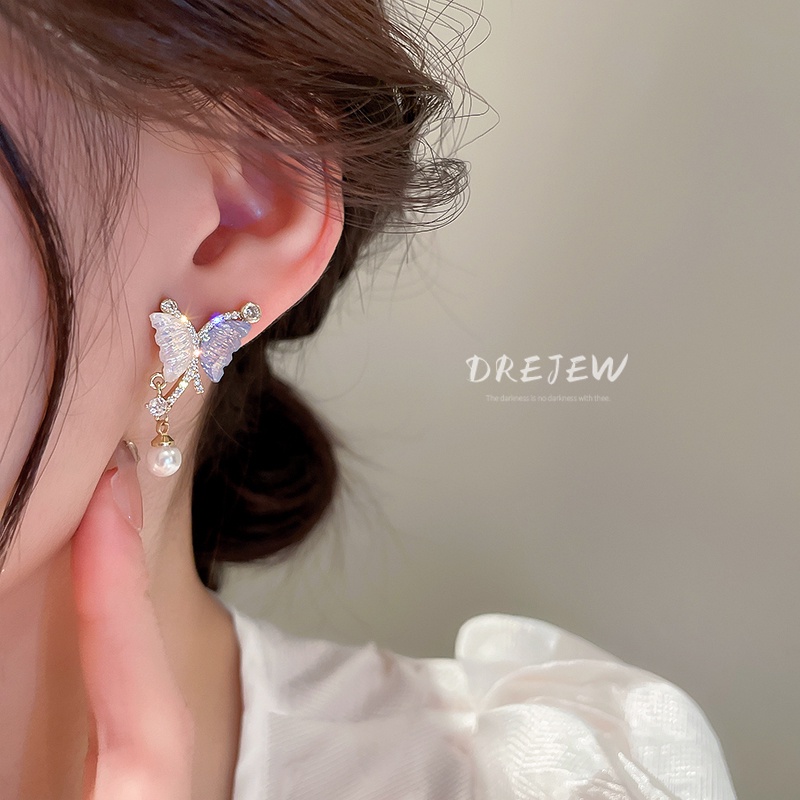 DREJEW Bông Tai Bạc Hình Bướm Đính Ngọc Trai Sang Trọng Thời Trang Phong Cách Pháp 1