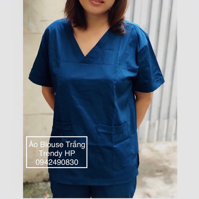 Bộ blouse đồng phục kỹ thuật viên cao cấp - bộ scrubs bác sĩ, y tá, thẩm mỹ viện màu xanh than