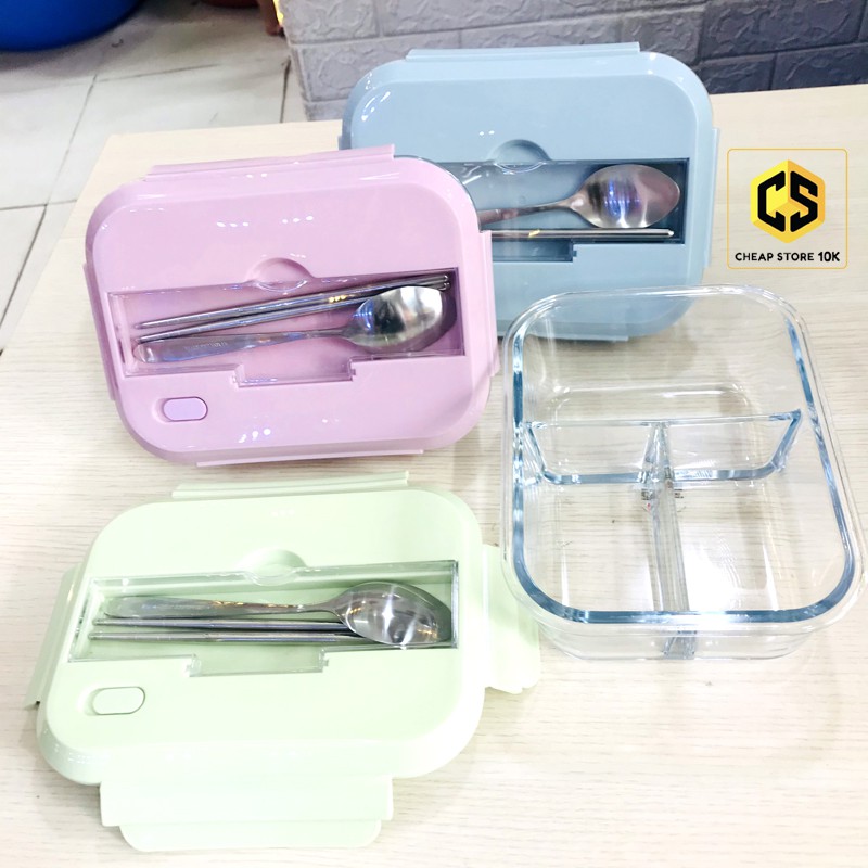 Hộp cơm thủy tinh 3 ngăn kèm đũa thìa inox, hộp đựng đồ ăn chia ngăn, cheapstore10k, cheapstore