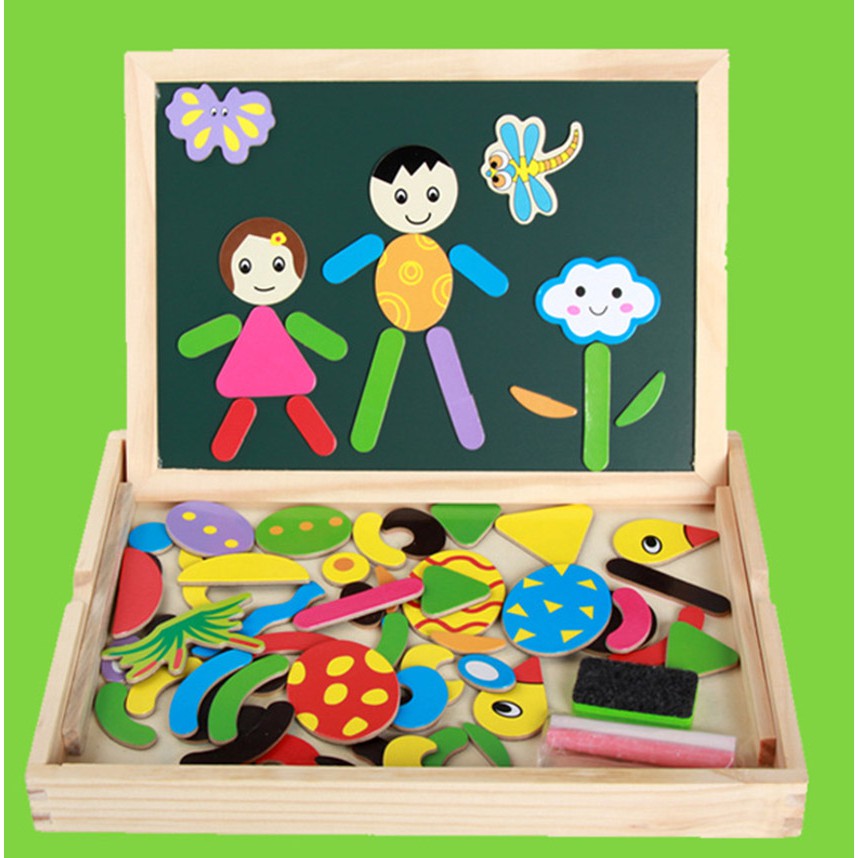 Bộ xếp hình bằng gỗ - kèm bảng nam châm 2 mặt - giúp bé phát triển khả năng sáng tạo - Đồ chơi gỗ Smart Baby - dochoigo0