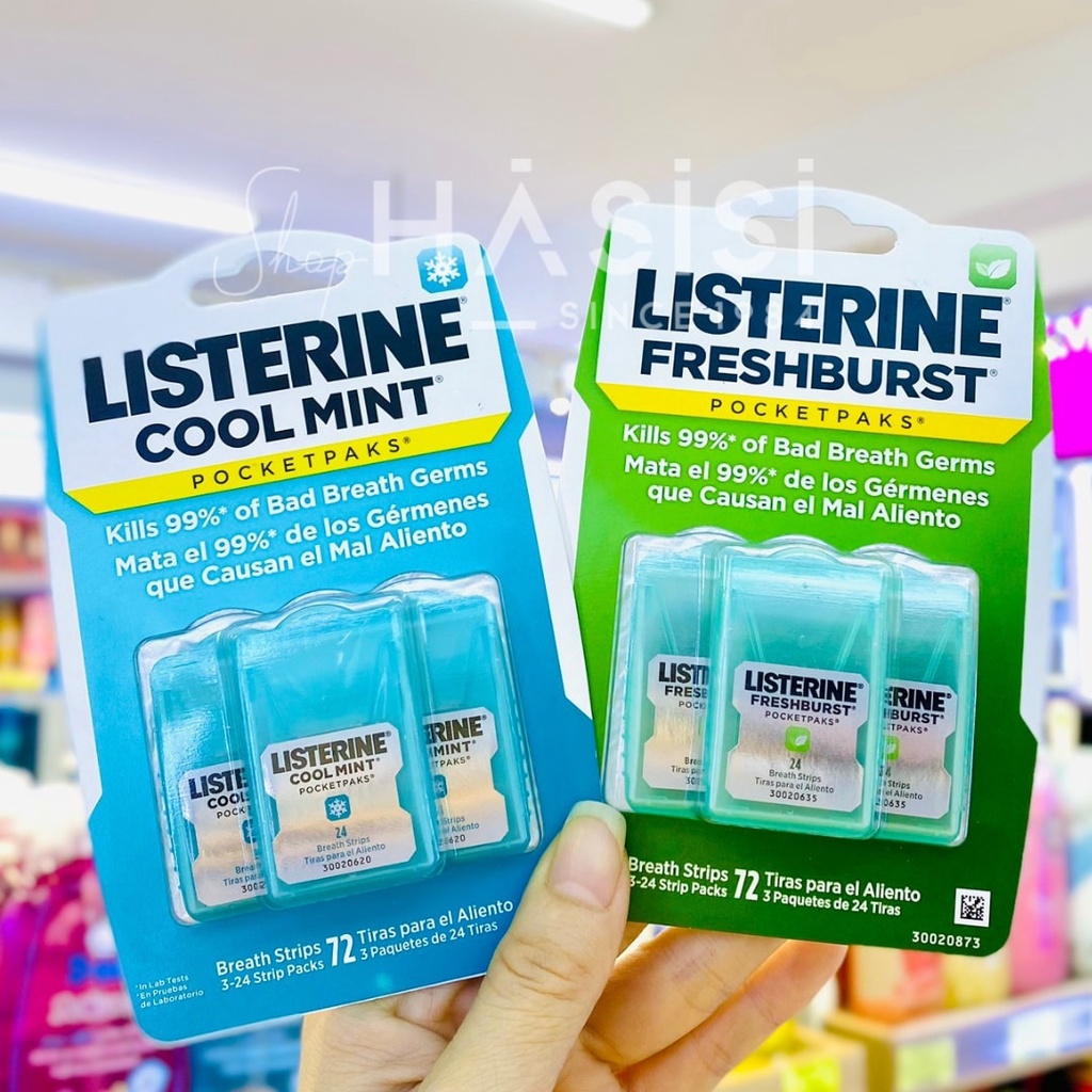 MIẾNG NGẬM THƠM MIỆNG LISTERINE Cool Mint Pocketpaks Breath Strips (3 hộp x 24 miếng xanh ngọc)