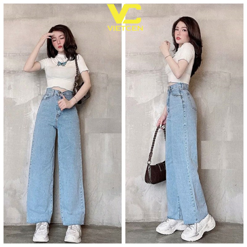 Set Áo Croptop Bướm Và Quần Jean Ống Rộng Hot Trend - VIETCEN