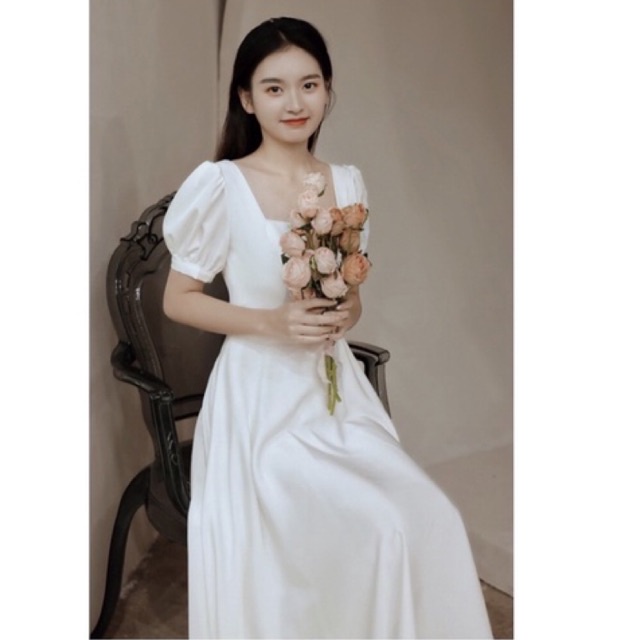 Váy trắng tiểu thư tùng Xoè tay phồng nơ lưng phong cách Vintage Witch