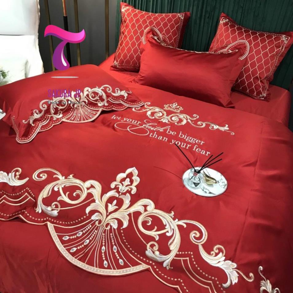 HÀNG MỚI-  Chăn Ga Gối  Cưới đẹp Đỏ Hỷ Thêu Song Hỷ - Bộ Chăn Ga Gối Lụa Silks 40s Cao Cấp Phòng Cưới