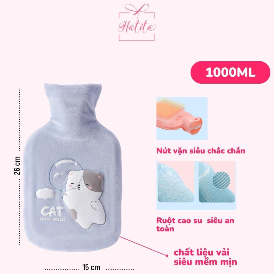 Túi chườm nóng HATITA 1000ml sưởi ấm hỗ trợ giảm đau bụng cho bạn gái mẫu mèo xanh cute