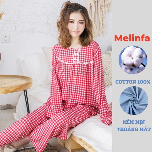 Bộ đồ ngủ nữ, set đồ nữ mặc nhà áo dài tay quần dài chất vải cotton lụa tự nhiên nhiều màu mã BD0189