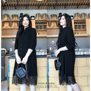 Đầm bầu sơ mi đen chân ren tay dài ( form mặc được sau sinh )