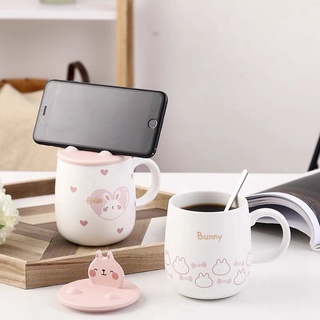 Ly cốc sứ có nắp hình thỏ Bunny dễ thương, nắp làm giá đỡ đện thoại (kèm thìa inox 420ml)