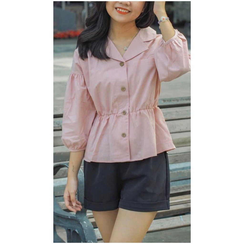 Áo sơ mi ngắn gài nút tay bồng DOKESI  - Lila Top