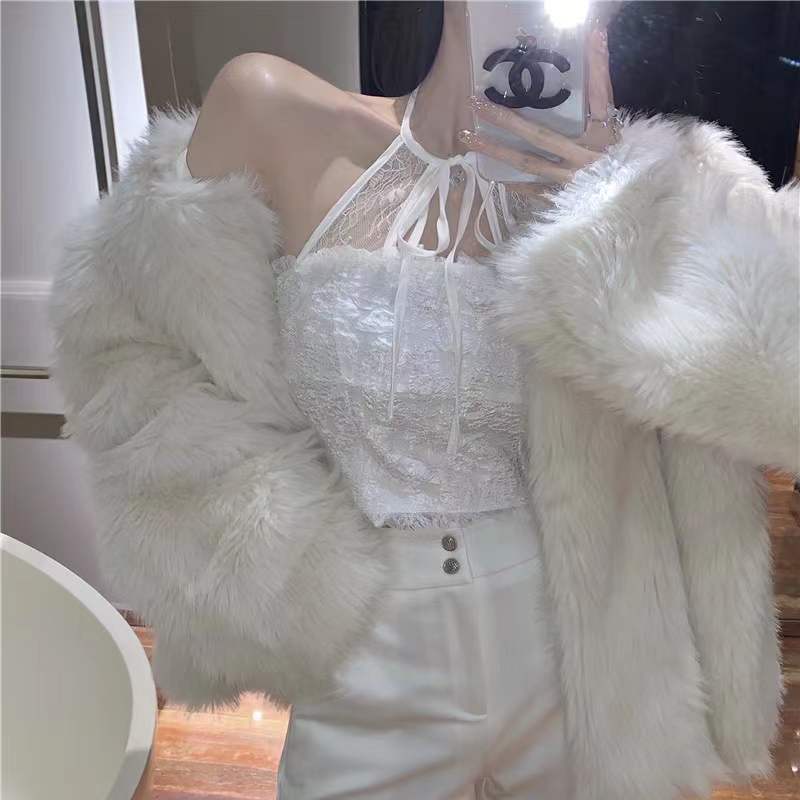 Jiashucheng Hàng Có Sẵn Áo Hai Dây Phối Ren Dáng Ngắn Thời Trang Mùa Đông Quyến Rũ Dành Cho Nữ