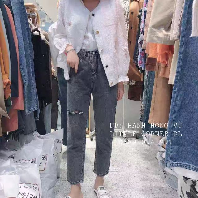 Quần slim baggy jeans xám rách bên ulzzang cạp cao kèm ảnh thật