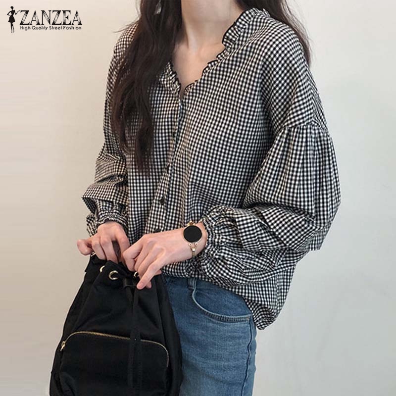 ZANZEA Áo dài tay dáng rộng họa tiết sọc caro phối nút thời trang cá tính cho nữ | BigBuy360 - bigbuy360.vn