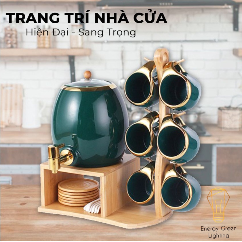 Bộ Chum Trà 6 Ly Bằng Sứ Energy Green Lighting Cao Cấp - Dung Tích 3L - Chum Trà Sứ Đa Năng Nước Detox, Nước Hoa Quả,Trà