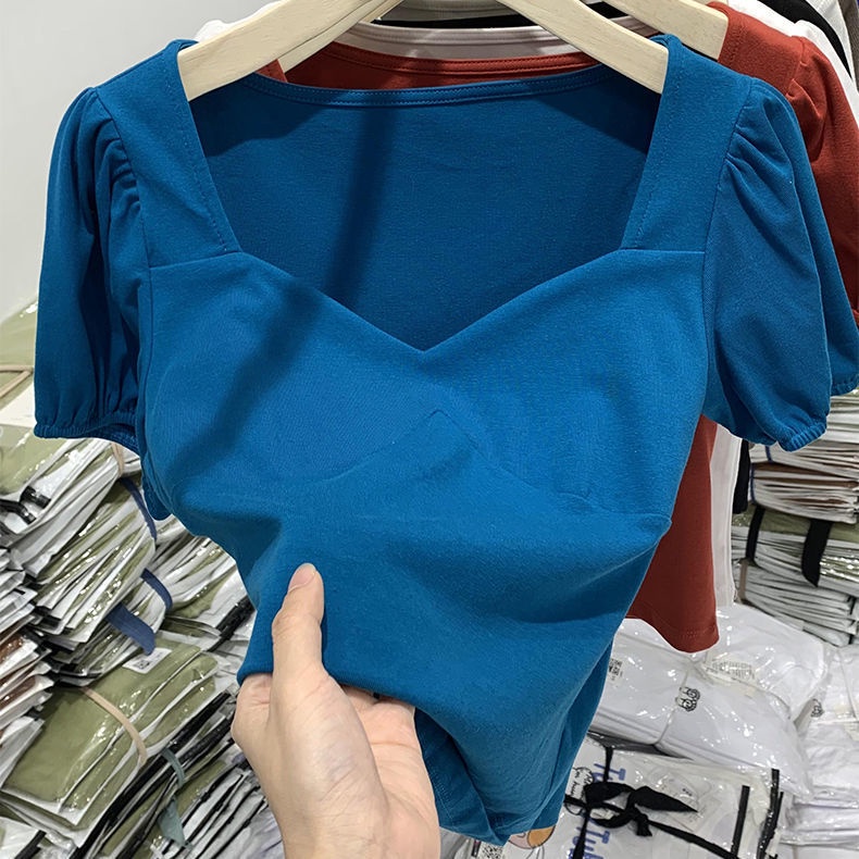 Áo thun BH tay ngắn phồng chất liệu cotton 2022 thời trang mùa hè cho nữ