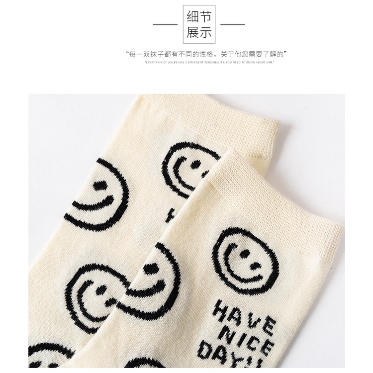 Vớ WAFNHA D198 vải cotton màu đen in hình mặt cười thời trang unisex