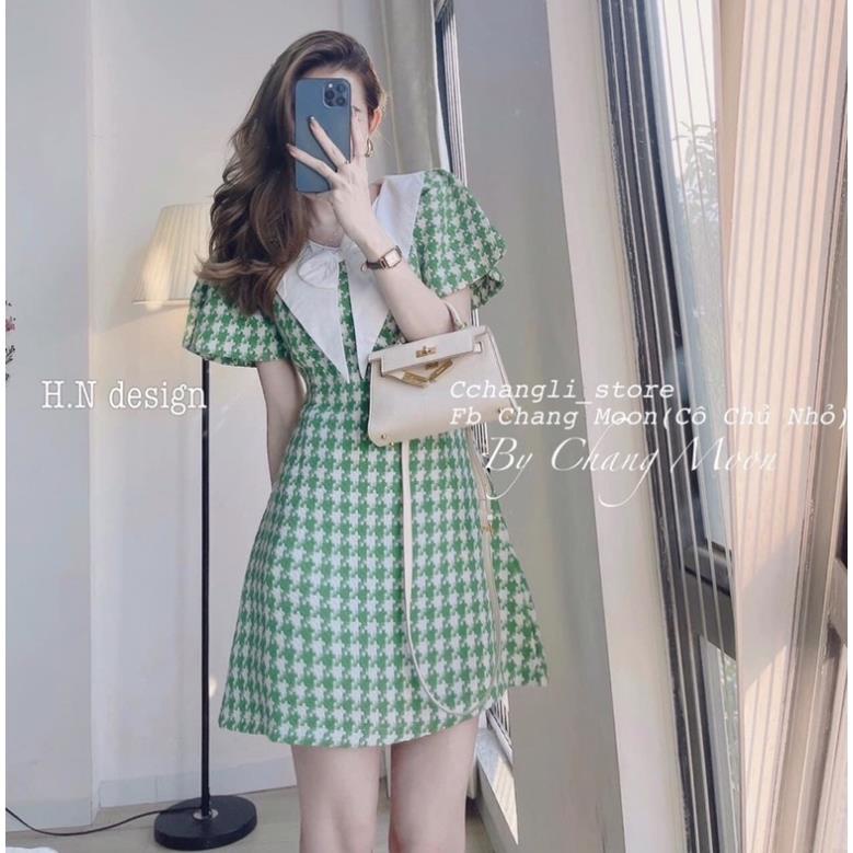 [ 𝐅𝐑𝐄𝐄 𝐒𝐇𝐈𝐏 ] VÁY DẠ KẺ XANH PHỐI CỔ PI TER NƠ NHỎ SIÊU XINH