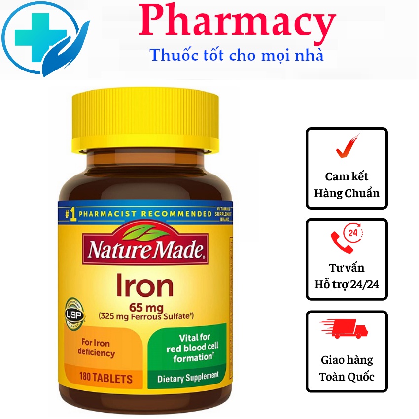 Viên uống Bổ Máu Iron 65mg Nature Made 180 viên của Mỹ - bổ sung sắt cho bà bầu