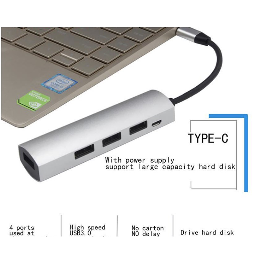 Hub chuyển USB Type C Sang 3 Cổng Usb 2.0 + Usb 3.0 có nguồn phụ