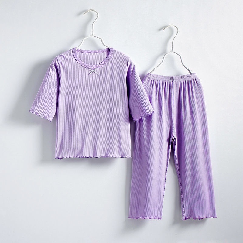 Bộ Đồ Ngủ Áo Tay Ngắn Phối Quần short Vải  Mỏng Màu Trơn Thời Trang Mùa Hè Dễ Thương Cho Bé Gái 0-7 Tuổi
